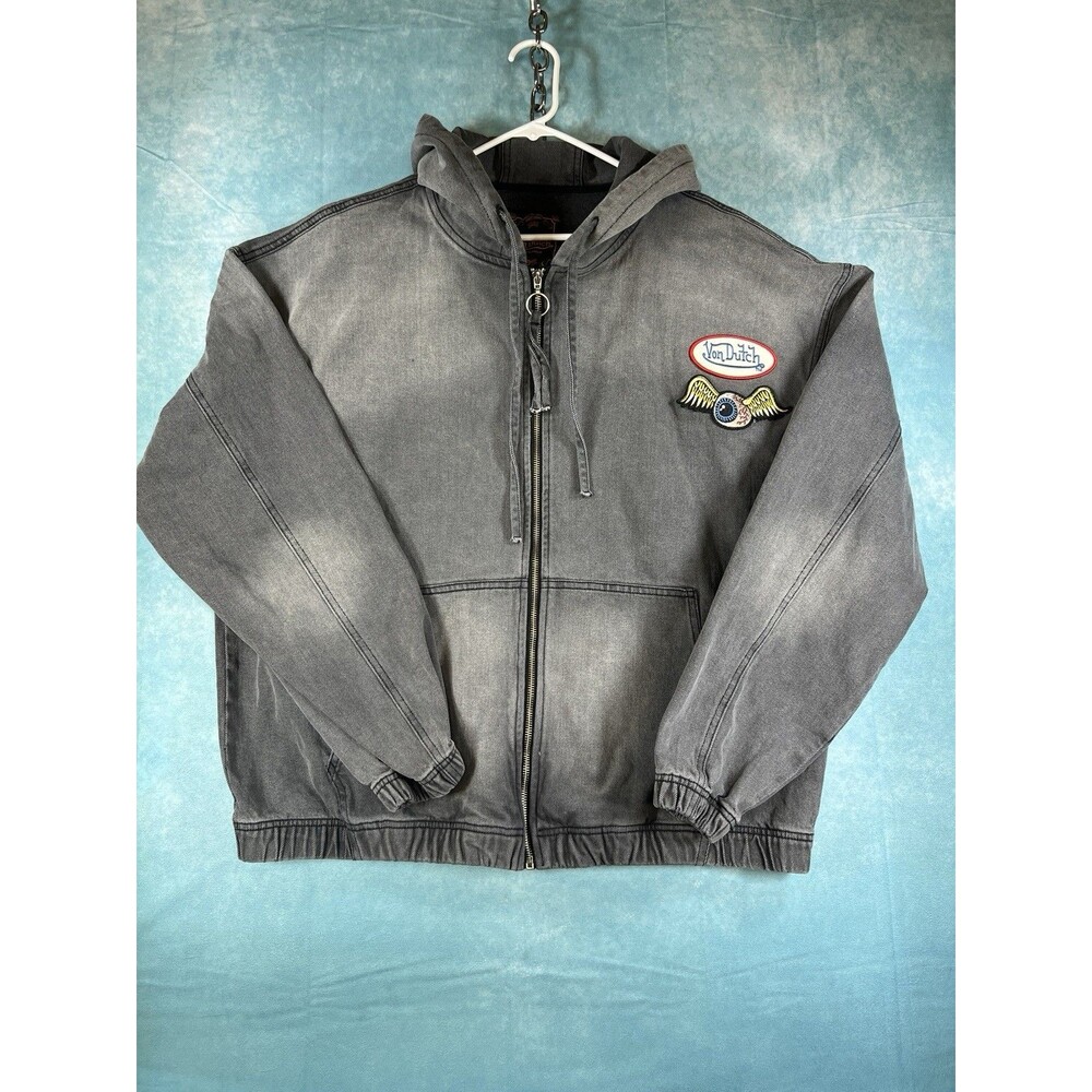 Y2K Men’s XXL Von Dutch Flying Eye Hooded Zip Up Faded Black Jacket Relaxed Fit